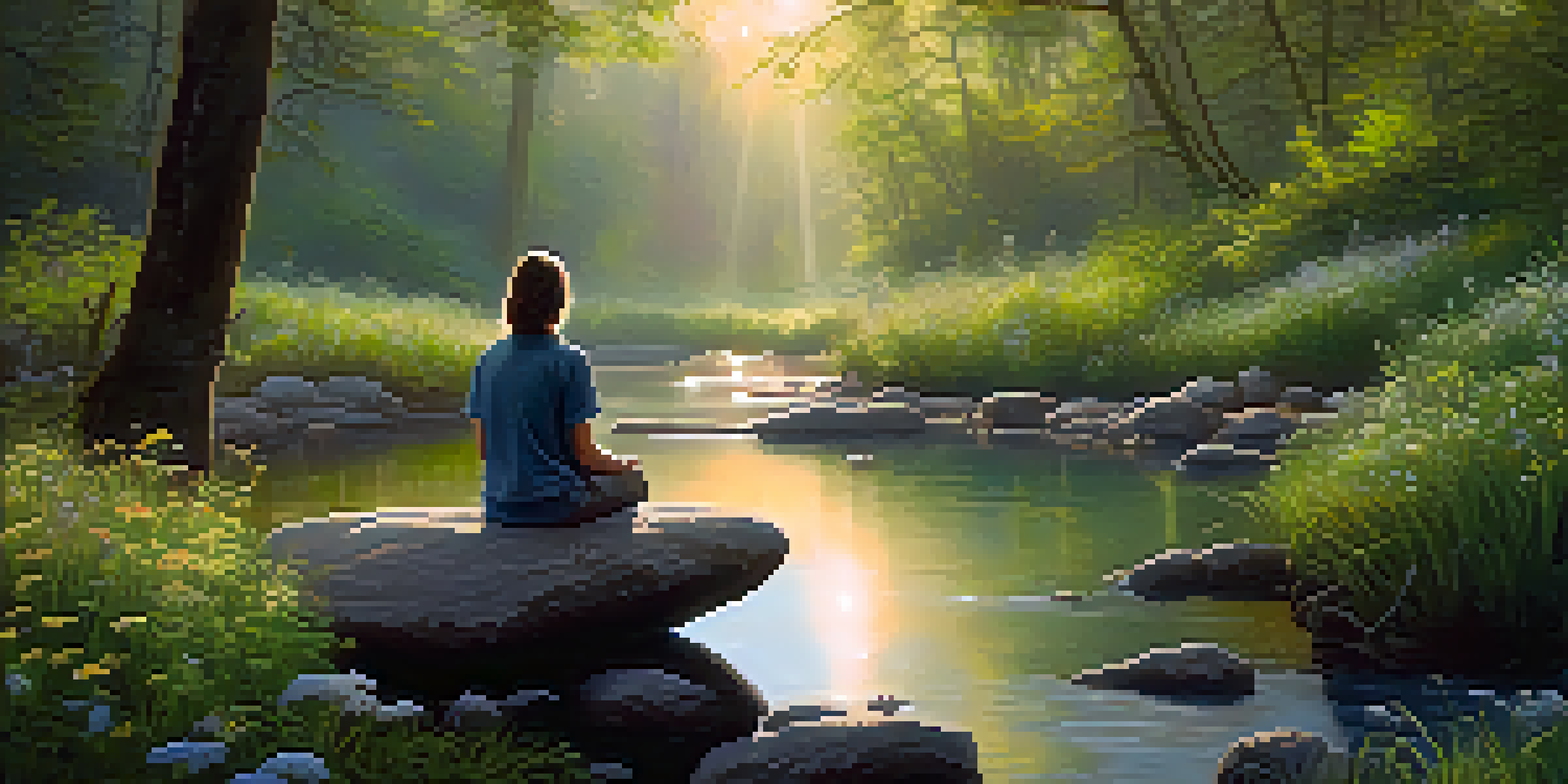 A peaceful forest landscape at dawn with sunlight filtering through trees, a person sitting on a rock practicing mindful breathing near a stream.