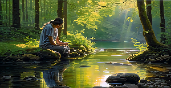 A peaceful forest at dawn with sunlight filtering through trees and a person meditating by a stream.