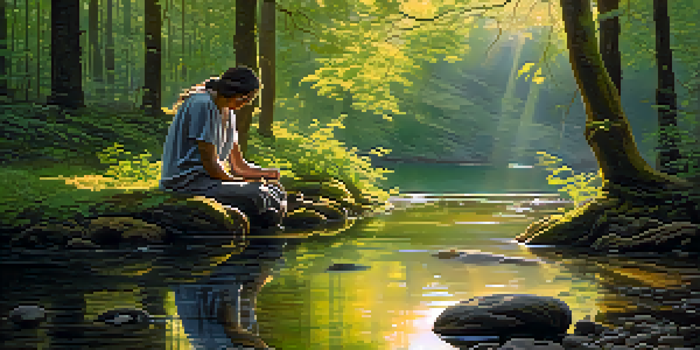 A peaceful forest at dawn with sunlight filtering through trees and a person meditating by a stream.