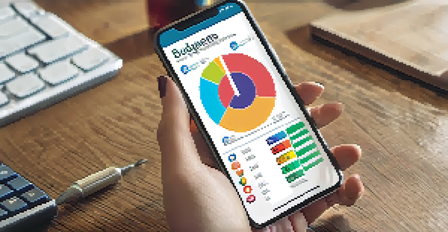 A smartphone displaying a budgeting app with a pie chart, held in a person's hand with a calculator and coins on a wooden table in the background.