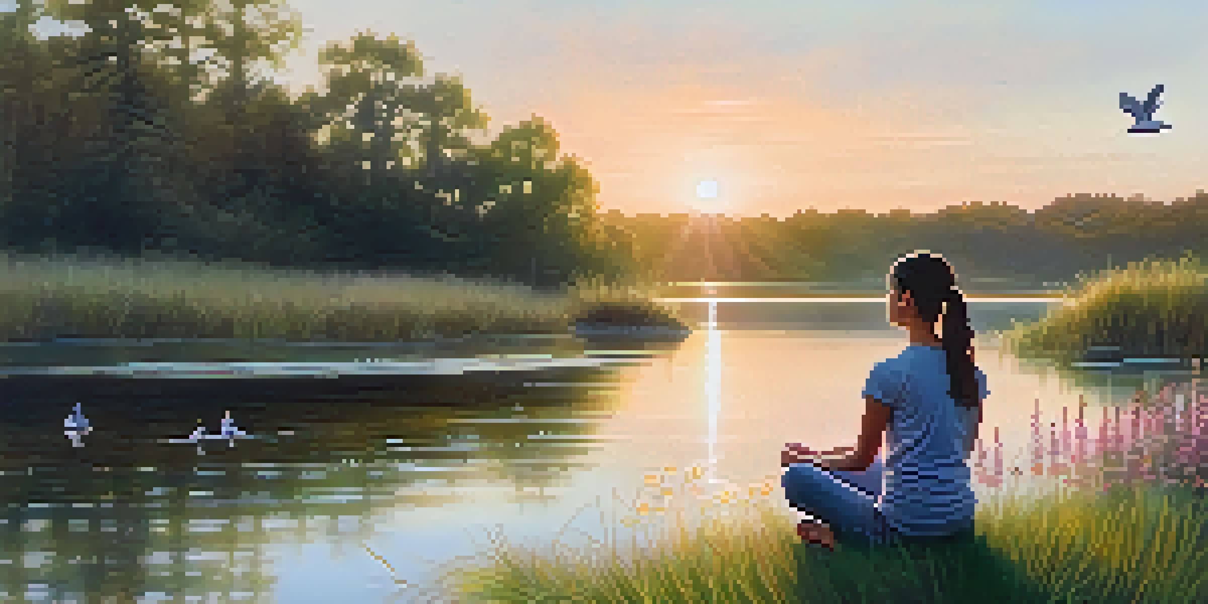 A person meditating by a peaceful lake at sunrise, surrounded by flowers and a calm atmosphere.