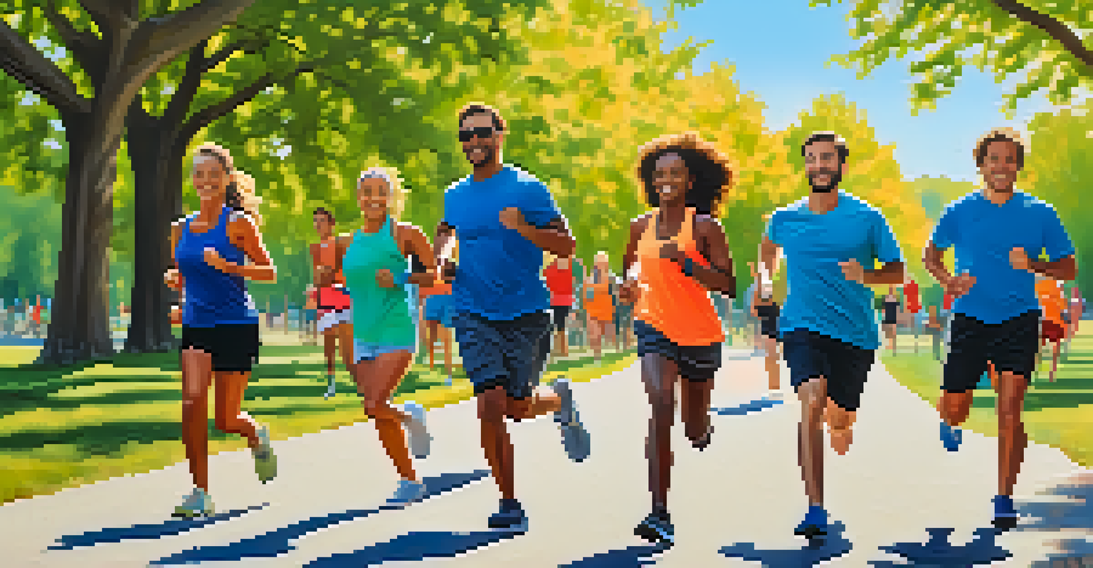 A group of friends exercising together in a park, with trees and a blue sky in the background.