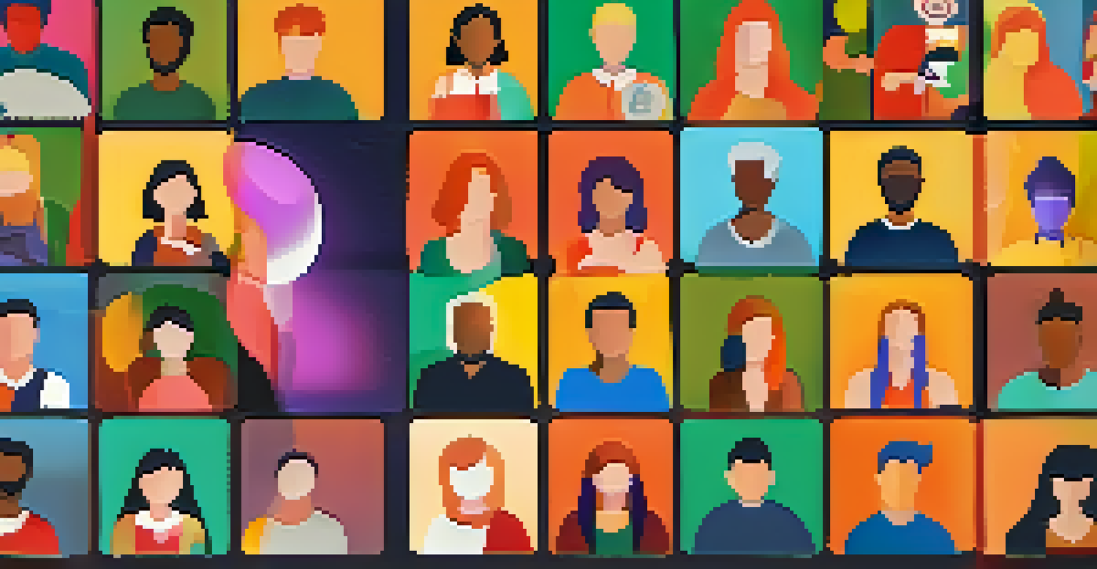 A computer screen displaying an online community forum with diverse avatars participating in discussions, surrounded by colorful social media icons.