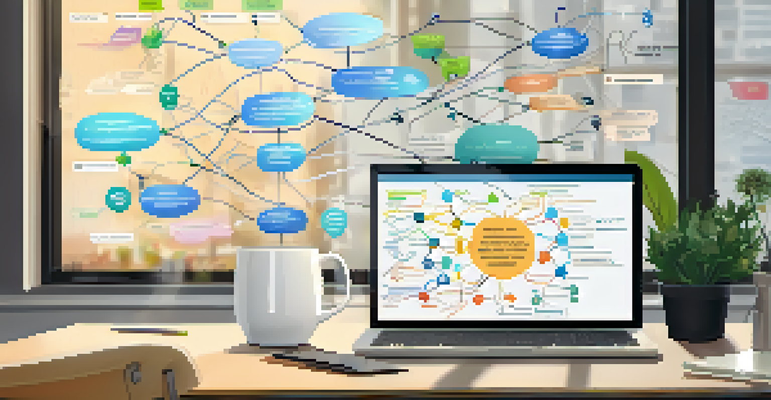A digital mind mapping tool on a computer screen displaying a colorful mind map, set in a modern workspace with plants and coffee.