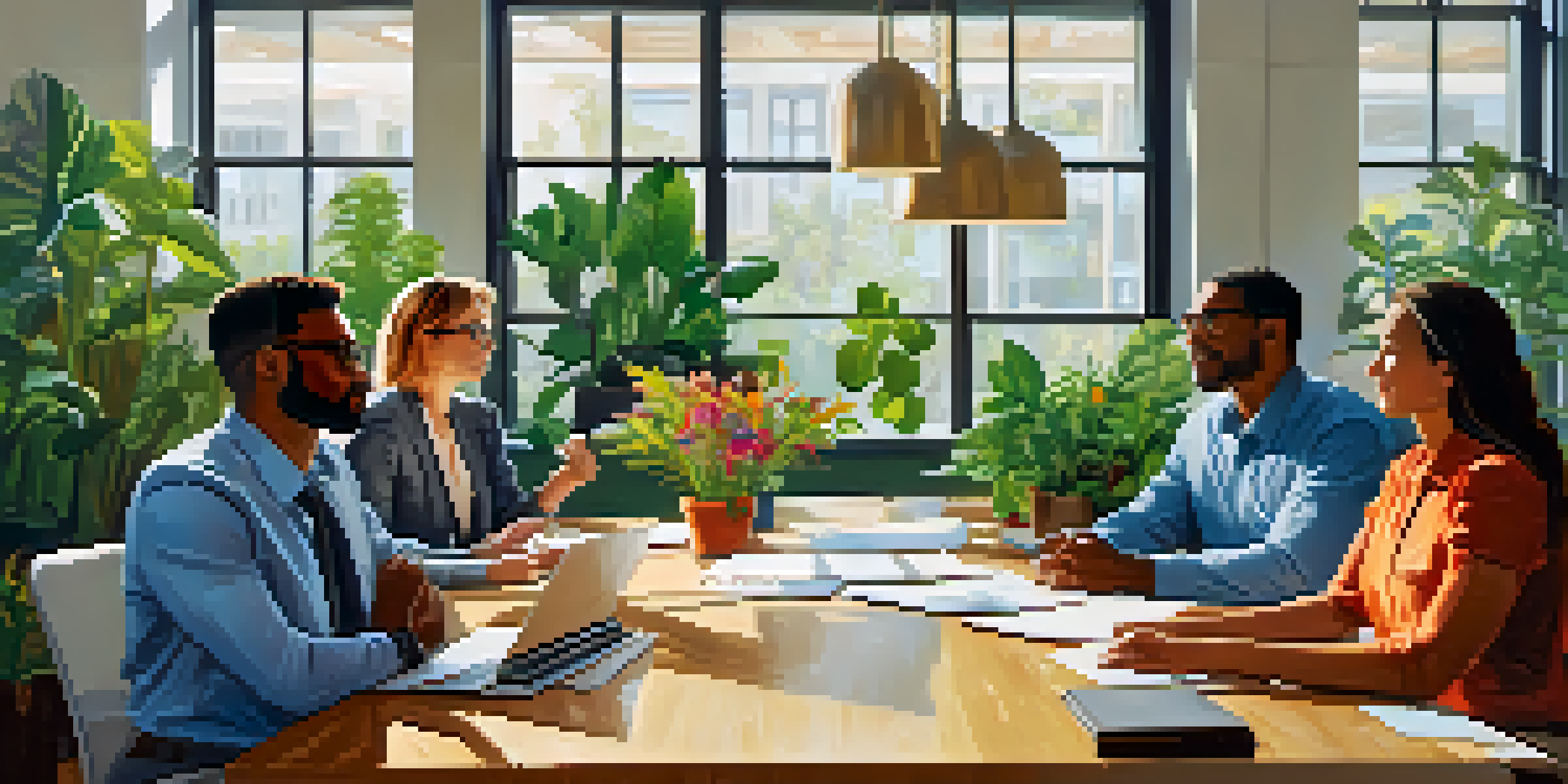 A diverse group of professionals engaged in a collaborative discussion in a bright office space.