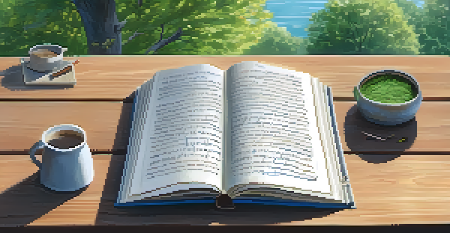 An open journal with handwritten notes on a wooden table surrounded by nature, with leaves gently rustling in the breeze.