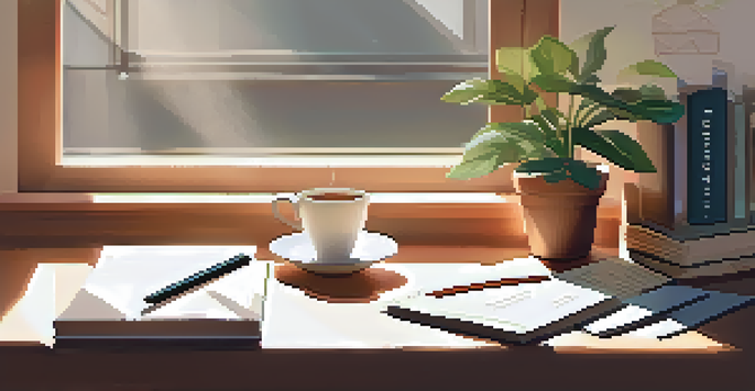 A calming workspace featuring a wooden desk with a laptop, a journal, and a cup of tea, illuminated by soft morning light.