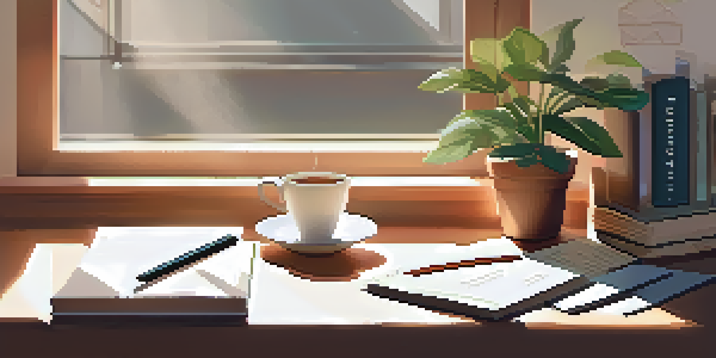 A calming workspace featuring a wooden desk with a laptop, a journal, and a cup of tea, illuminated by soft morning light.
