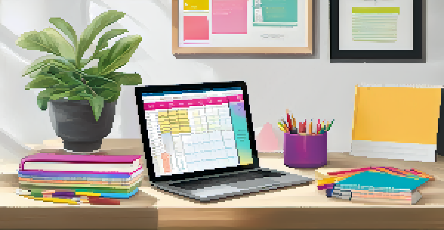A desk with an open planner showing SMART goals, colorful stationery, and a motivational quote on the wall, emphasizing effective goal setting.