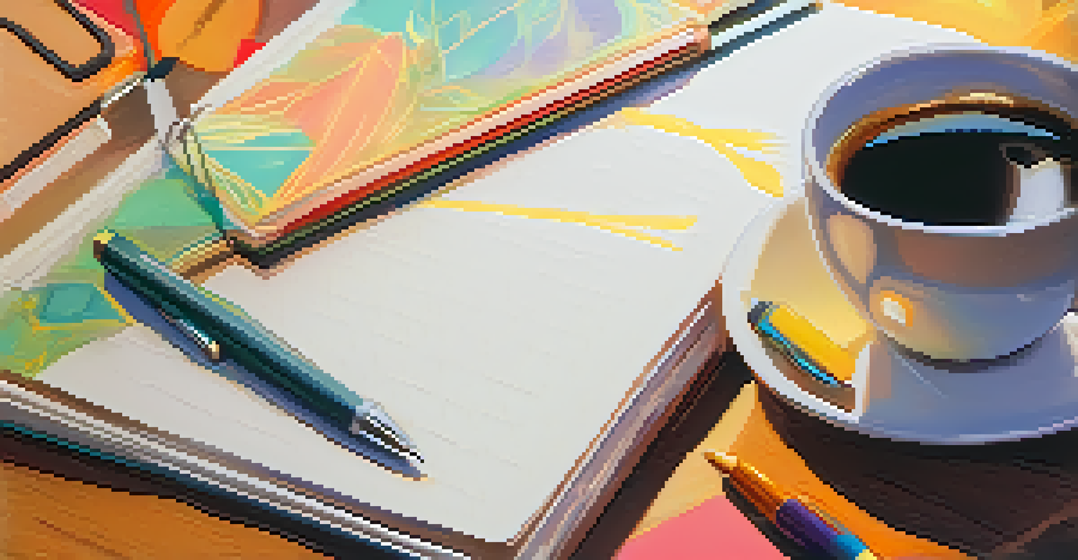 A close-up of a hand writing goals in a journal, with coffee and colorful pens on a desk.