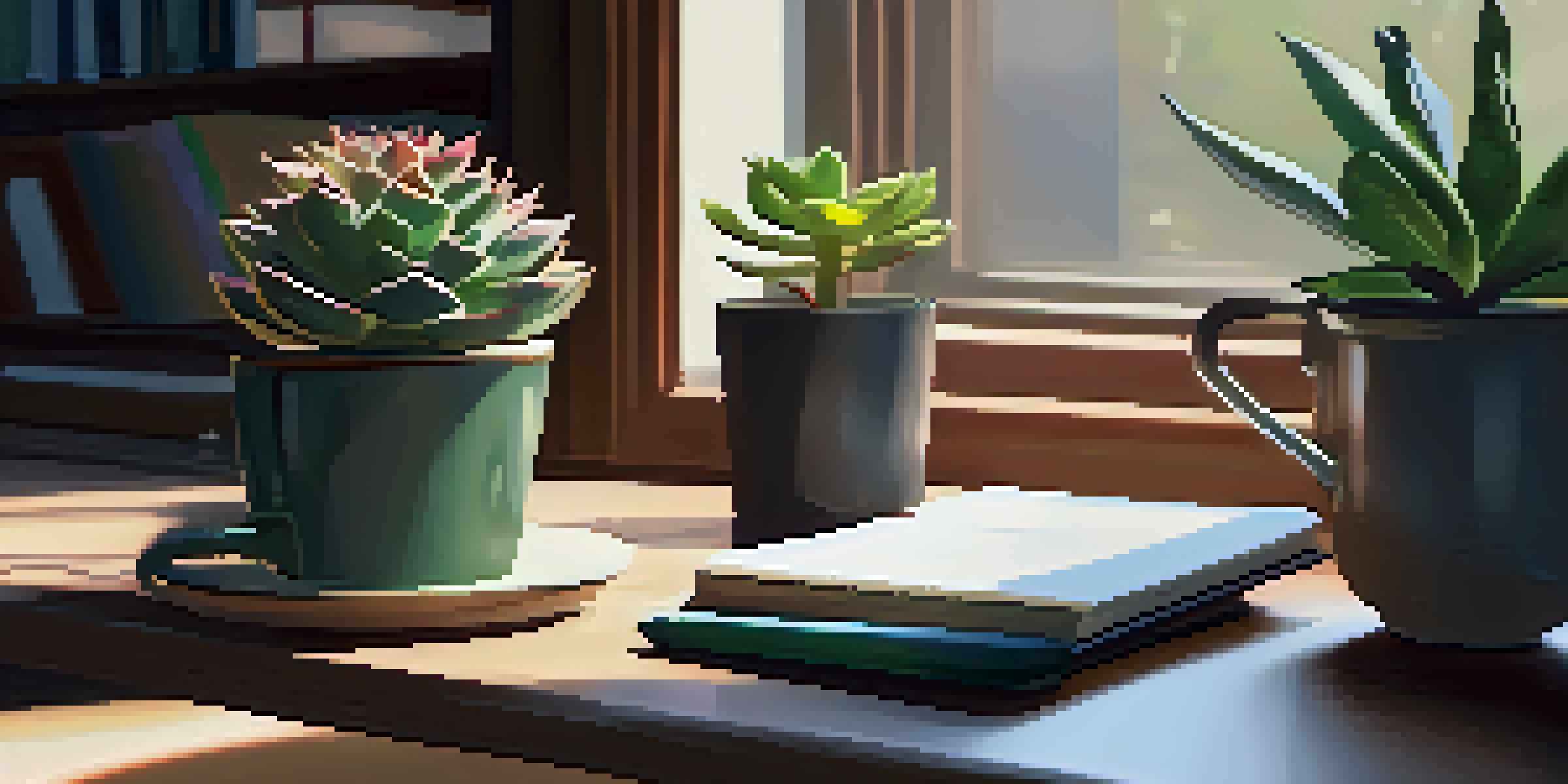 A cozy workspace with a wooden desk, a cup of tea, a notepad, and a succulent plant, illuminated by soft morning light.