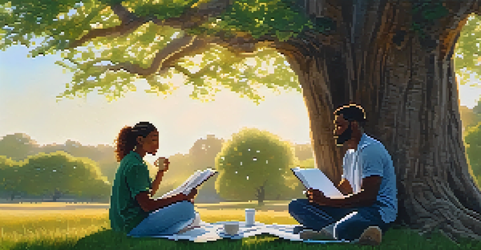 Two diverse individuals having a conversation on a picnic blanket under an oak tree during sunset, with notebooks and coffee cups around them.