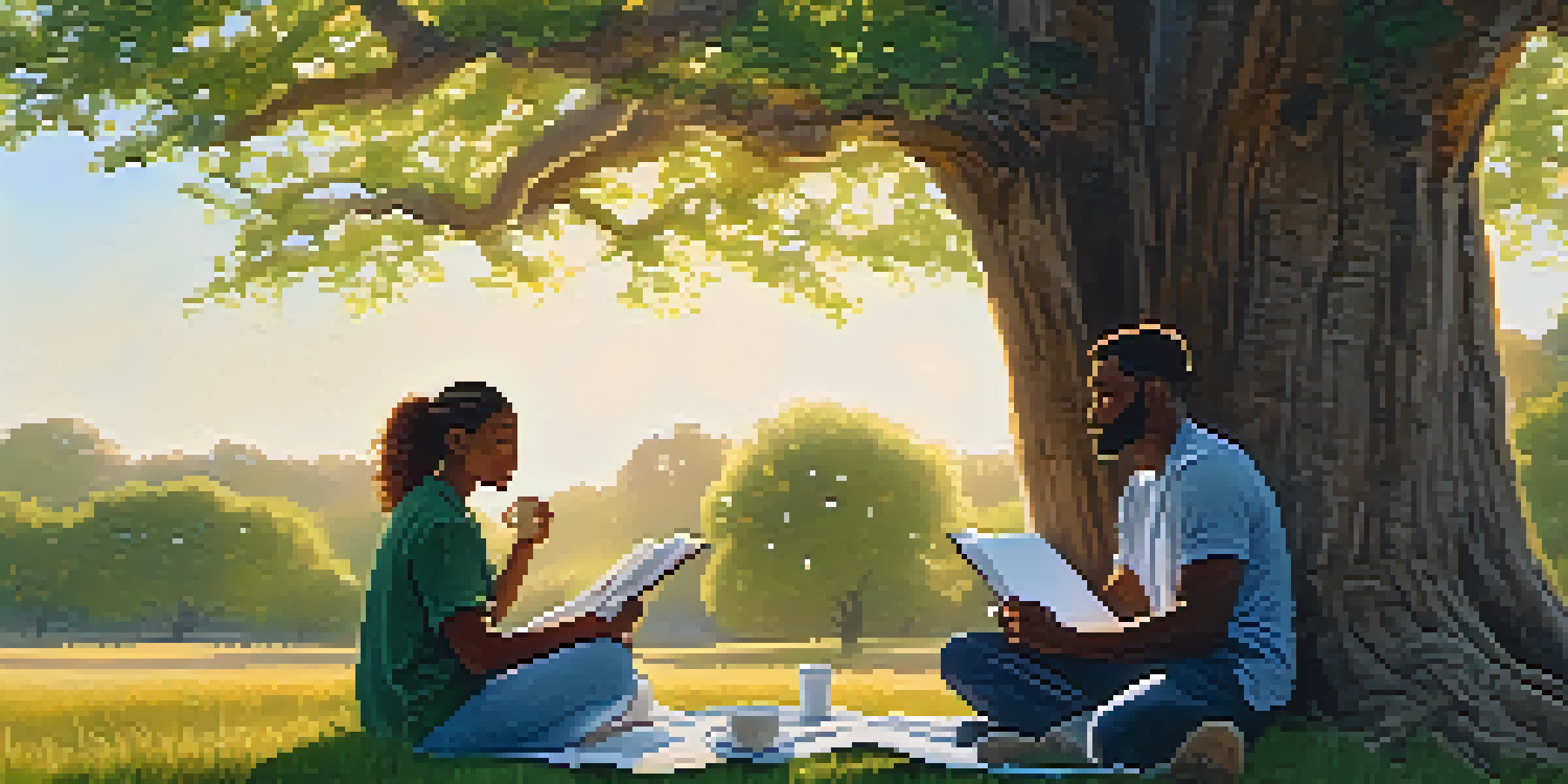 Two diverse individuals having a conversation on a picnic blanket under an oak tree during sunset, with notebooks and coffee cups around them.