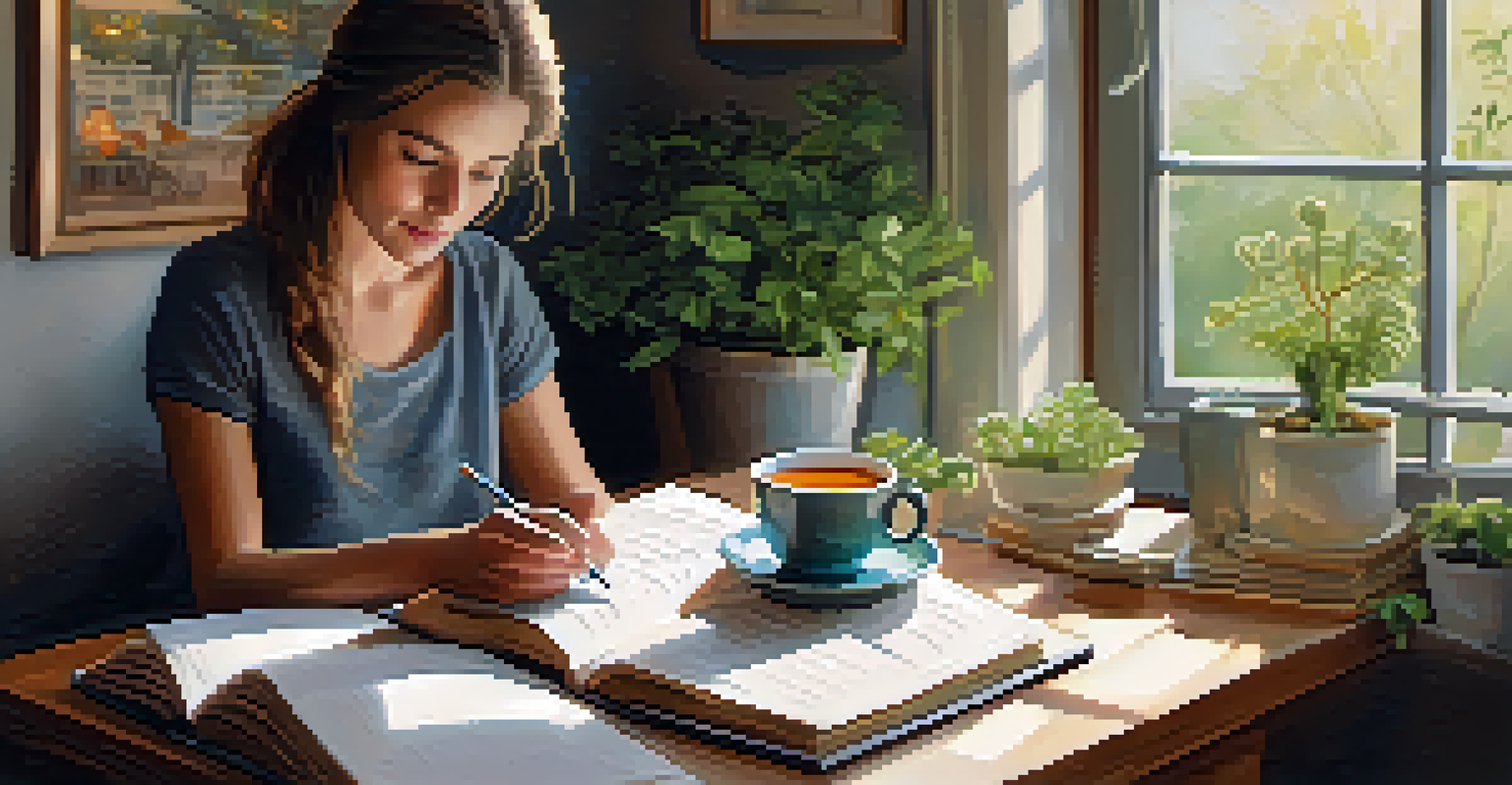 An indoor scene with a person journaling by a window, surrounded by plants and a cup of tea.