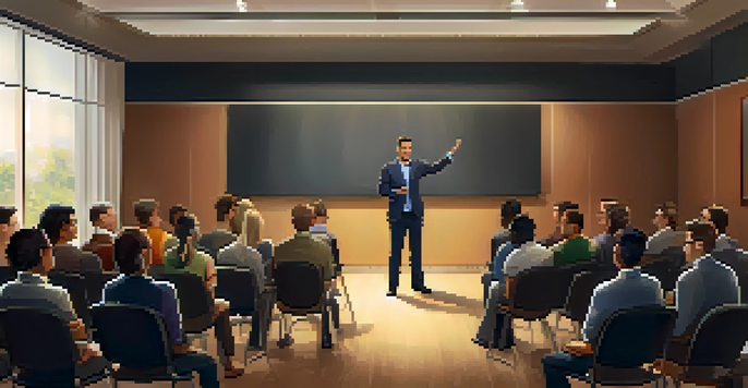 A confident presenter with an open posture and relaxed arms engaging an audience in a modern conference room.