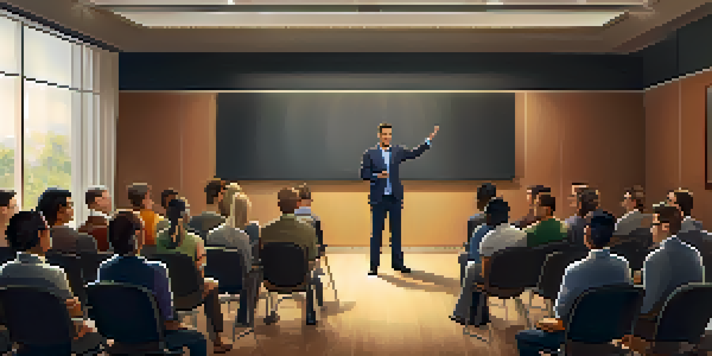 A confident presenter with an open posture and relaxed arms engaging an audience in a modern conference room.