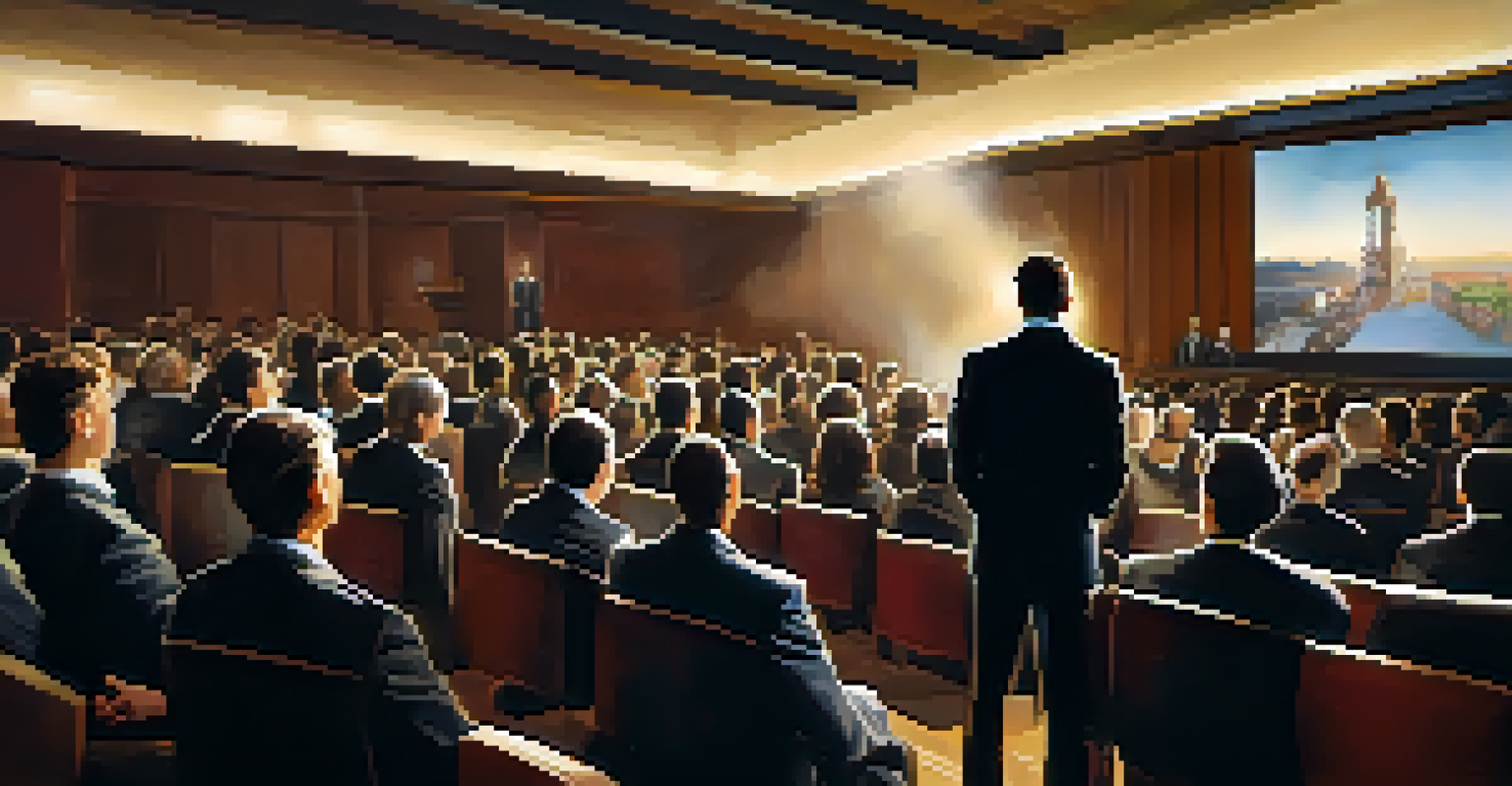 A leader presenting a vision for change to an engaged audience, with a projector display and warm lighting creating a motivational environment.