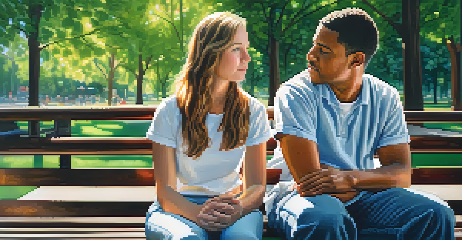 Two friends sitting on a bench, one listening empathetically while the other shares a story in a park.