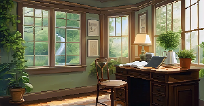 A cozy writing space with a vintage desk, an open journal, a fountain pen, and a cup of tea, surrounded by nature-themed art and a green plant.