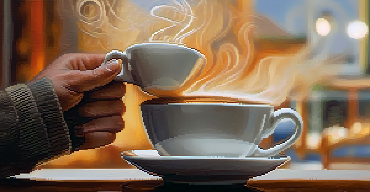 A close-up of a hand holding a steaming cup of coffee, highlighting the rich color and texture.