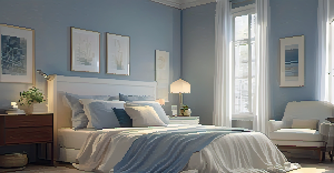A cozy bedroom with soft colors and dim lighting, showcasing a plush bed and serene decorations for a restful sleep environment.