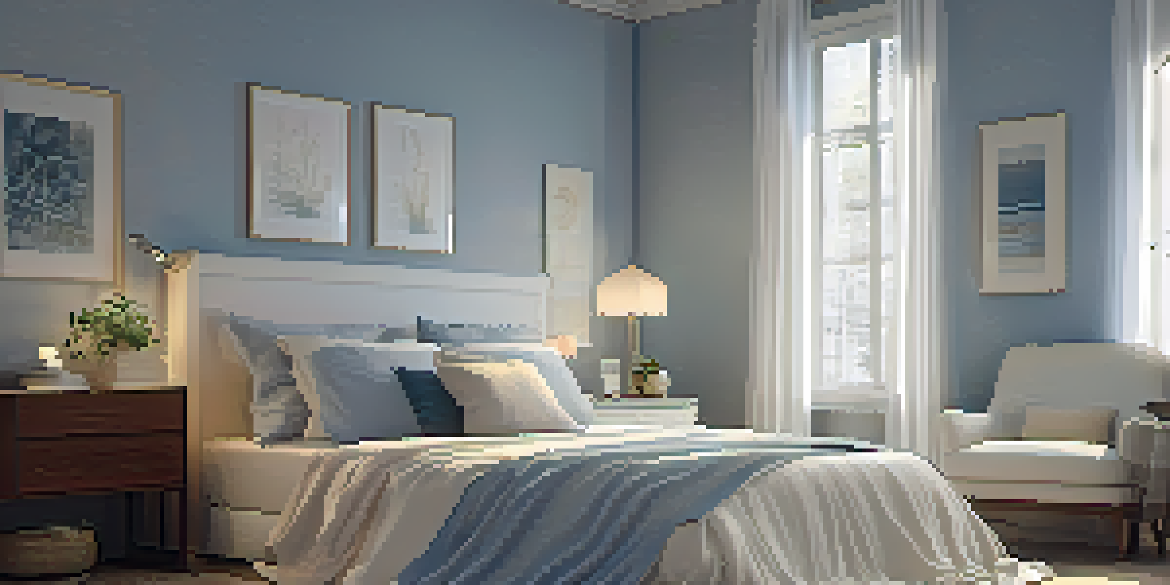 A cozy bedroom with soft colors and dim lighting, showcasing a plush bed and serene decorations for a restful sleep environment.