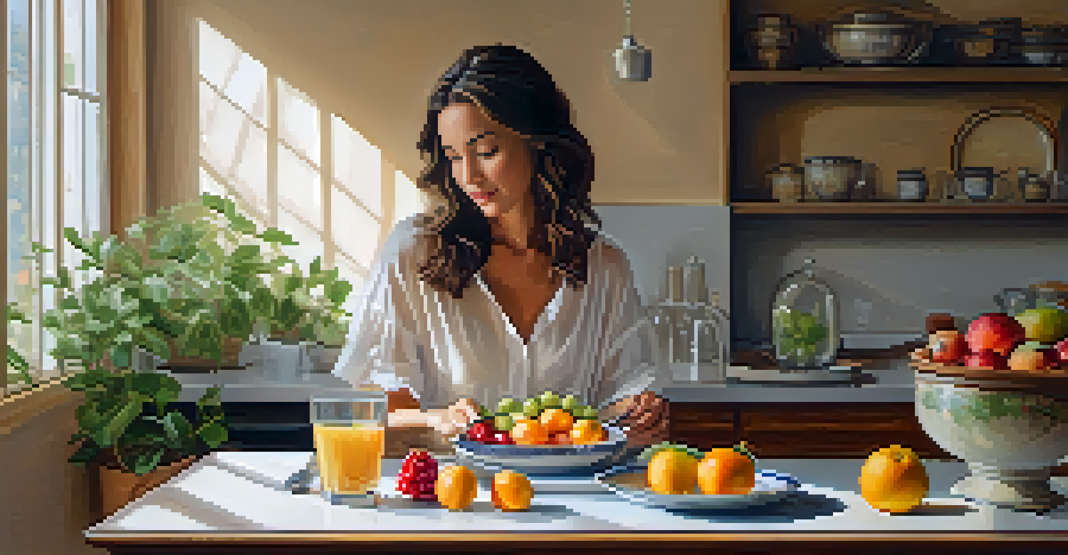 A person enjoying a mindful meal at a table filled with fresh fruits and a glass of water in a cozy kitchen setting.