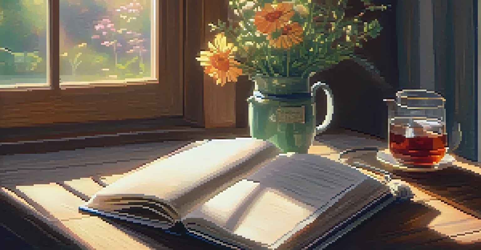 A cozy indoor scene with an open gratitude journal, a cup of herbal tea, and flowers in a vase, all bathed in warm sunlight.