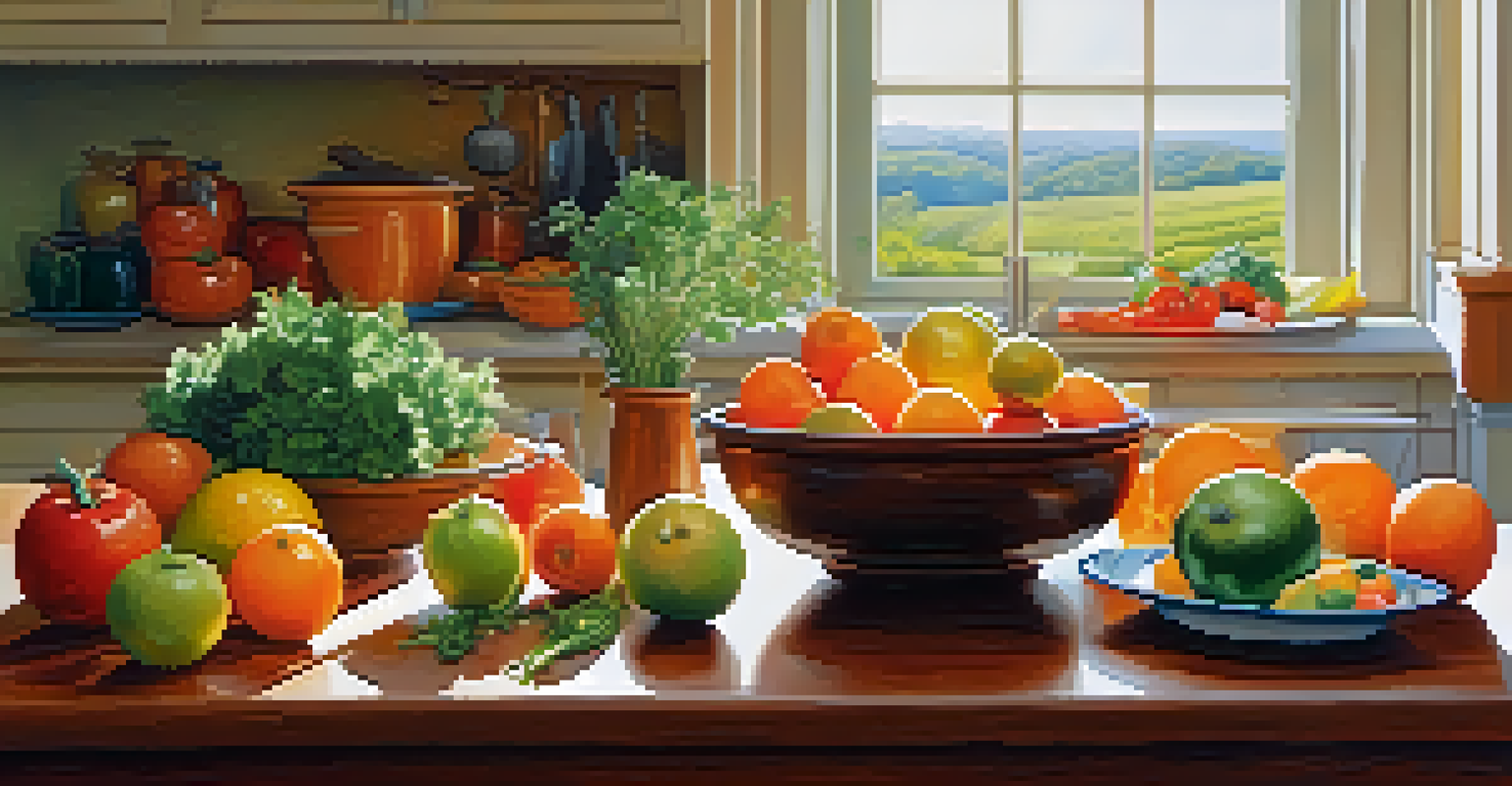 A colorful kitchen table filled with fresh fruits and vegetables, showcasing a bowl of salad in the center with natural light illuminating the scene.