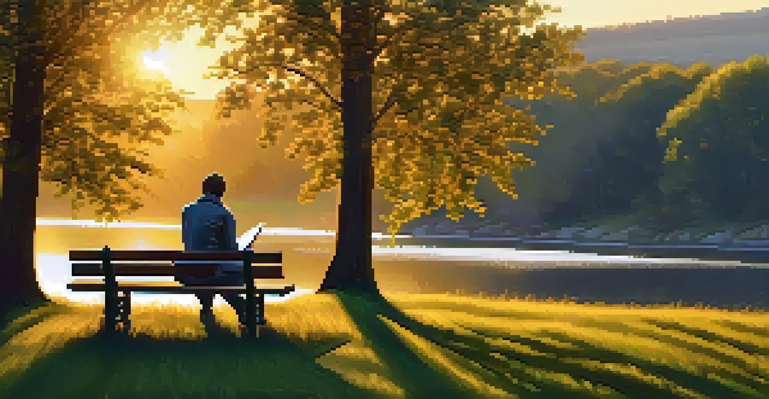 A person journaling on a park bench with a scenic view of nature during sunset, surrounded by trees and flowers.