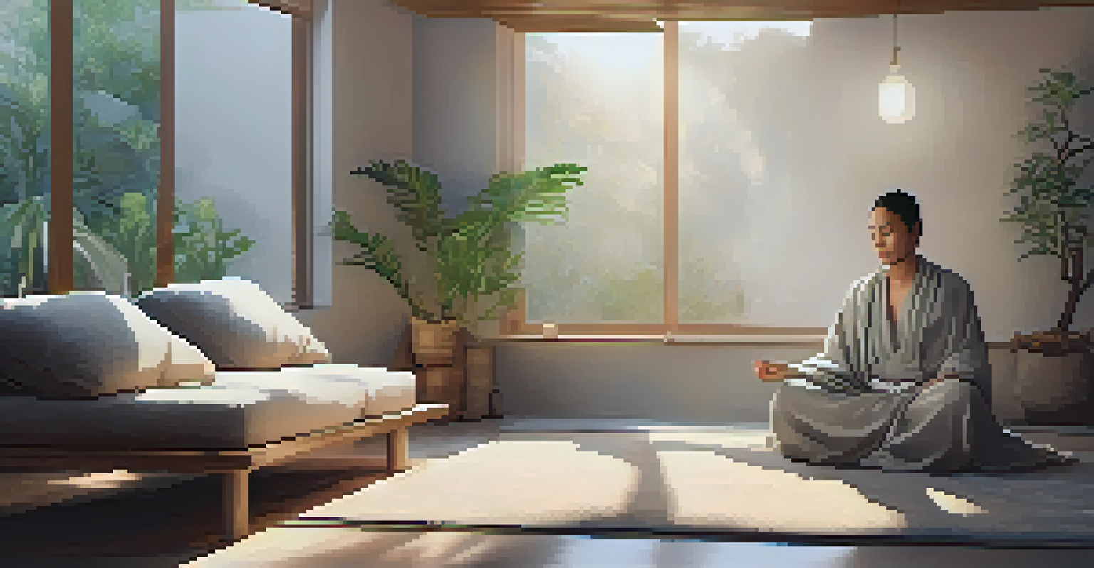 A cozy meditation corner with cushions, a plant, and soft lighting, featuring a person meditating peacefully in a tranquil atmosphere.