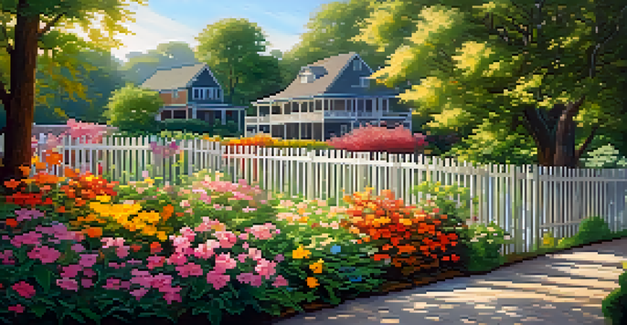 A peaceful garden with colorful flowers and a wooden fence under soft sunlight, representing personal boundaries.