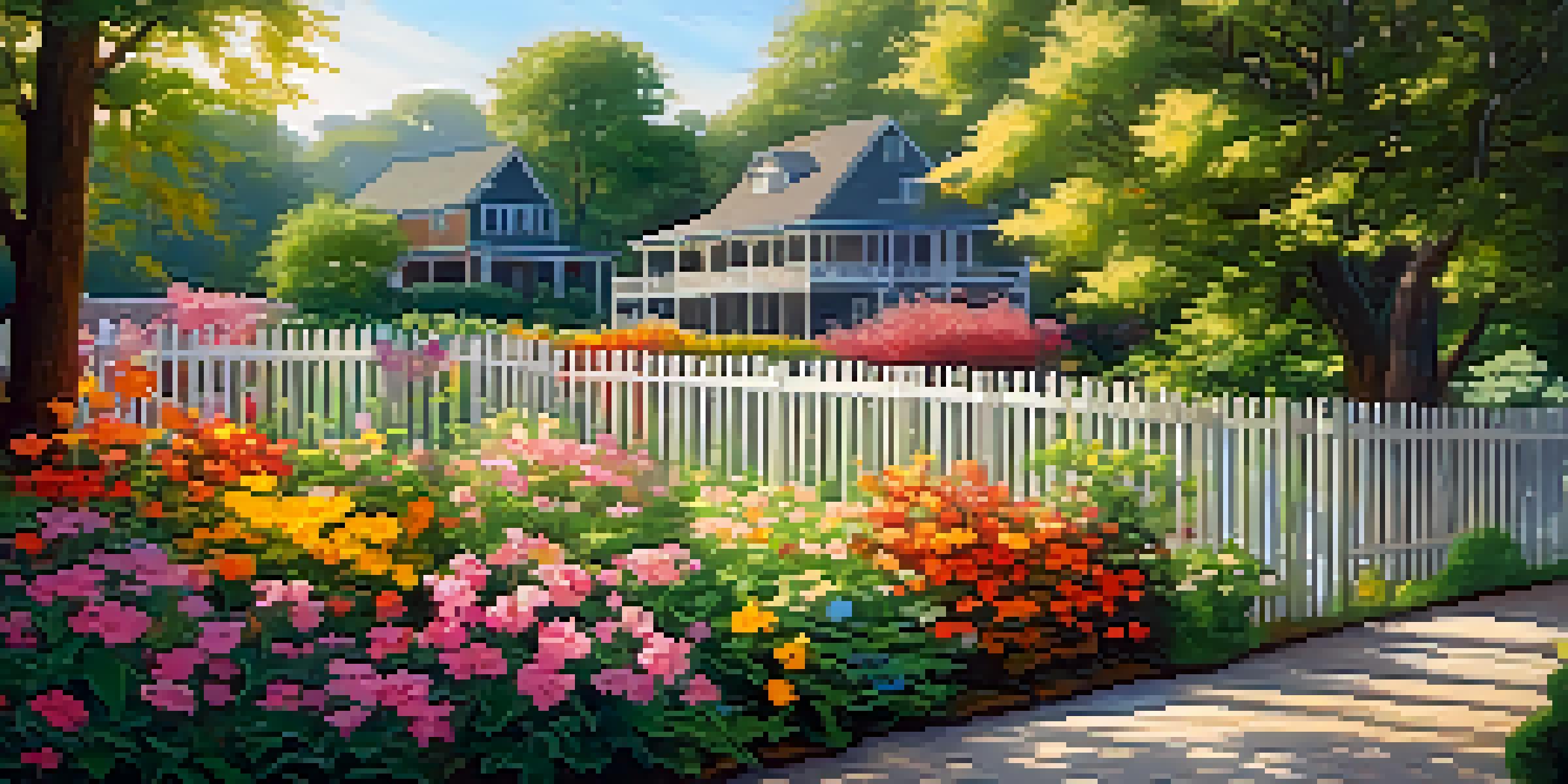 A peaceful garden with colorful flowers and a wooden fence under soft sunlight, representing personal boundaries.