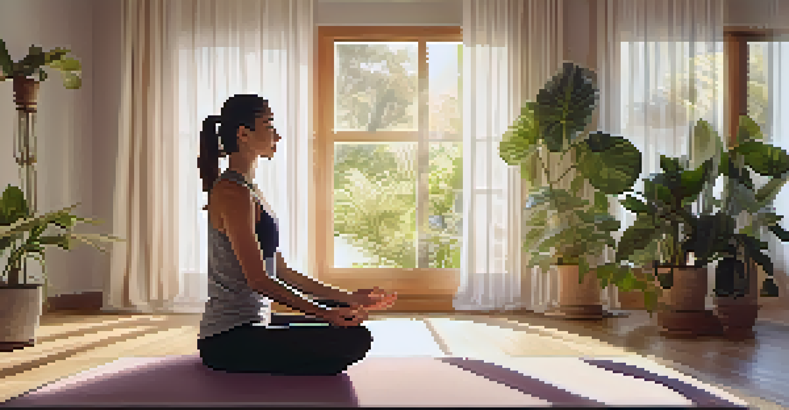 A person practicing yoga in a sunlit room filled with plants, creating a peaceful and mindful atmosphere.