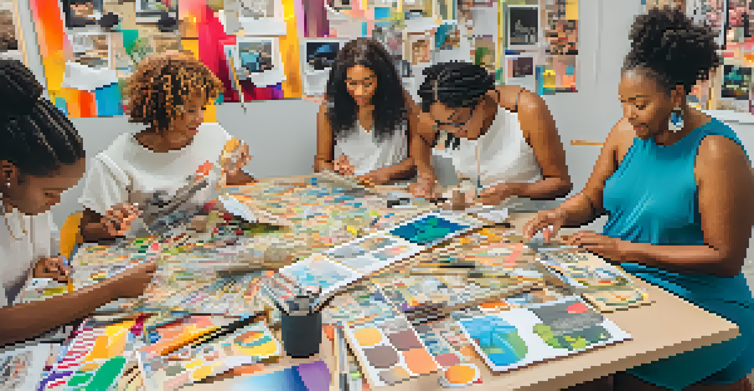 Participants creating vision boards at a table filled with magazines and art supplies during a self-discovery workshop.