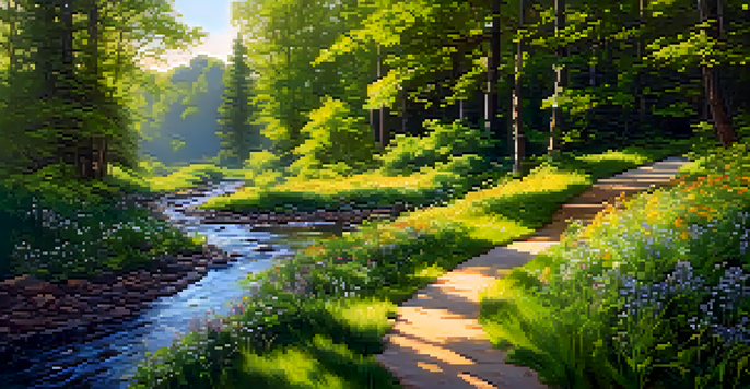 A peaceful forest path surrounded by trees and colorful wildflowers, with sunlight streaming through the leaves.