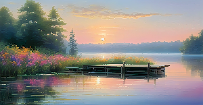 A peaceful sunrise over a calm lake with mist rising and wildflowers along the shore.
