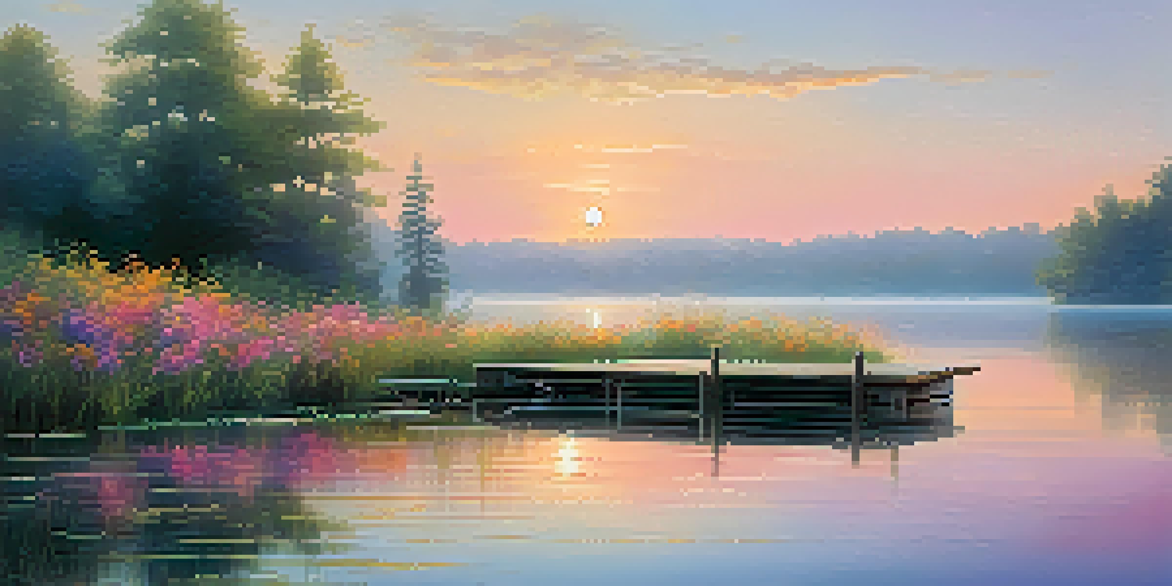 A peaceful sunrise over a calm lake with mist rising and wildflowers along the shore.