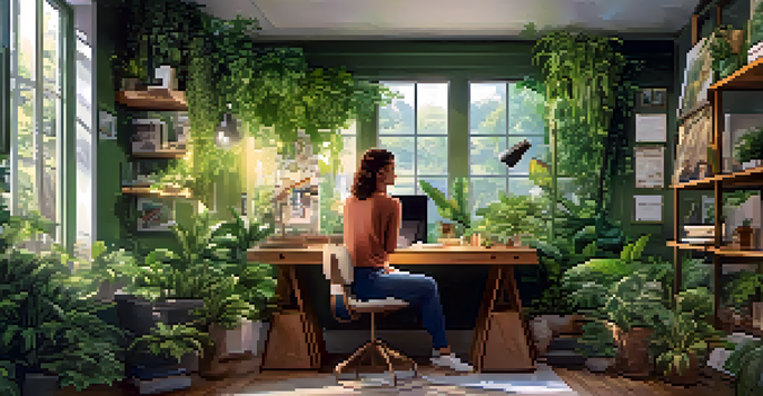 A person at a desk with a vision board and plants, in a warm and inviting workspace.