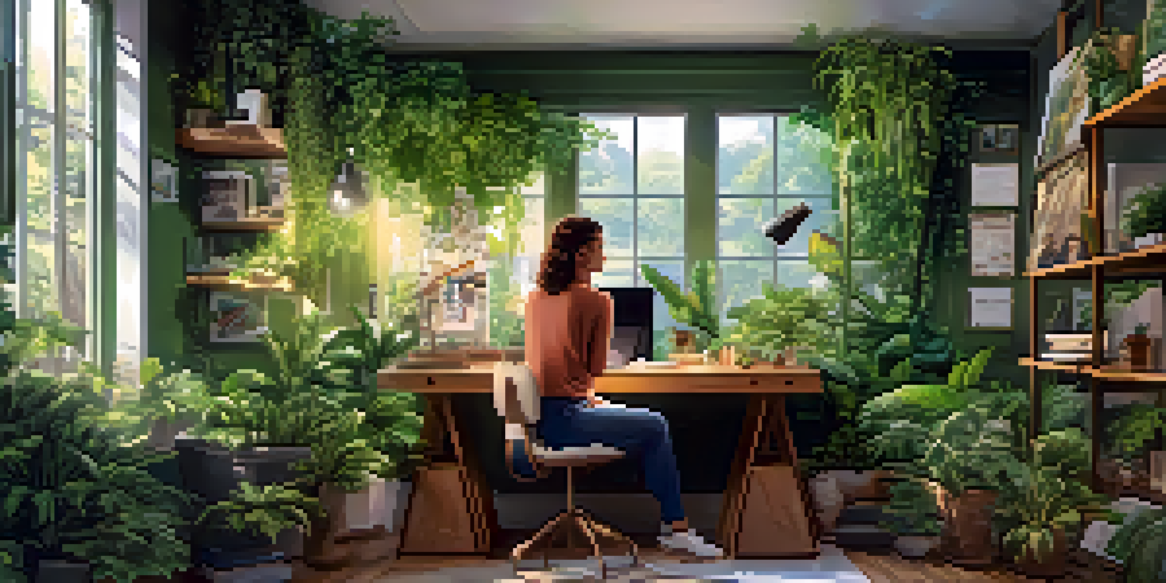 A person at a desk with a vision board and plants, in a warm and inviting workspace.