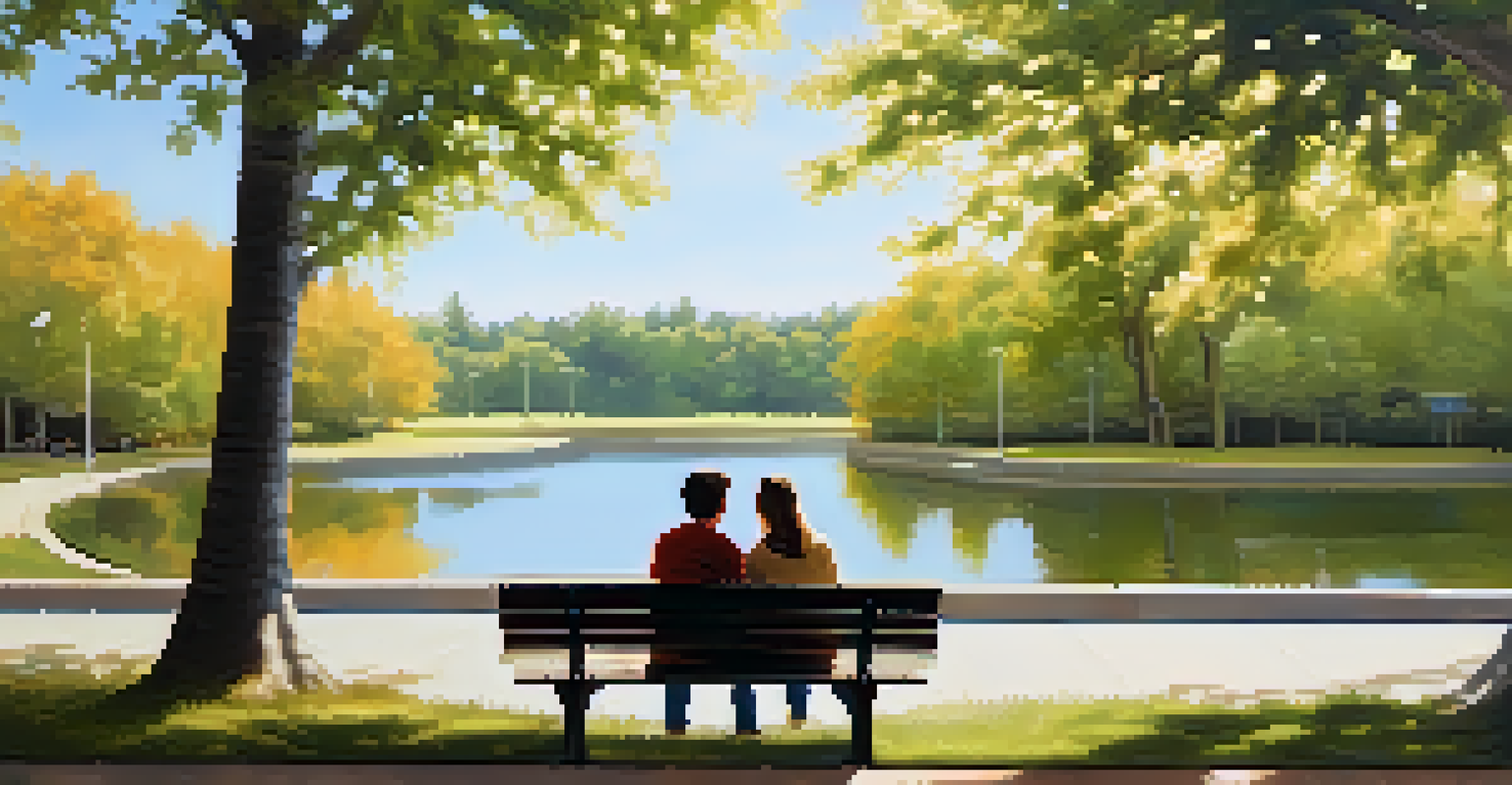 Two friends sitting on a park bench, one listening empathetically while the other shares feelings, in a sunny outdoor setting.