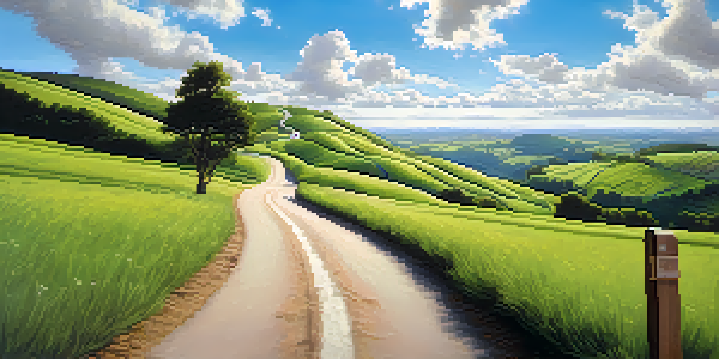 A winding road through green hills with a signpost indicating various destinations under a blue sky with clouds.