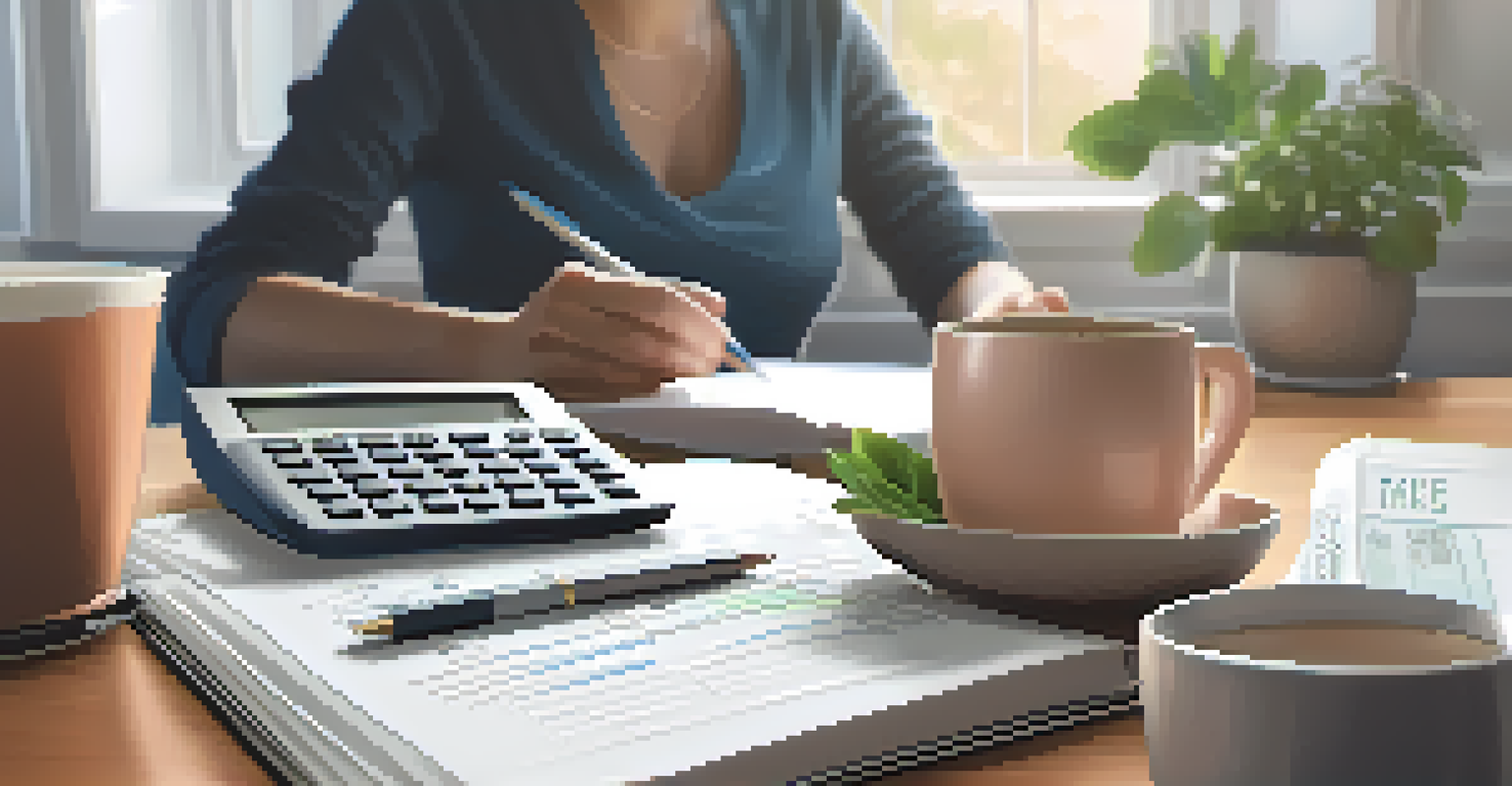 Close-up of hands writing in a financial journal, with a calculator and a cup of tea, set in a calming workspace with soft colors and a plant.