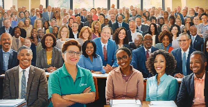 A diverse group of people in a town hall meeting, engaging in discussion and collaboration.