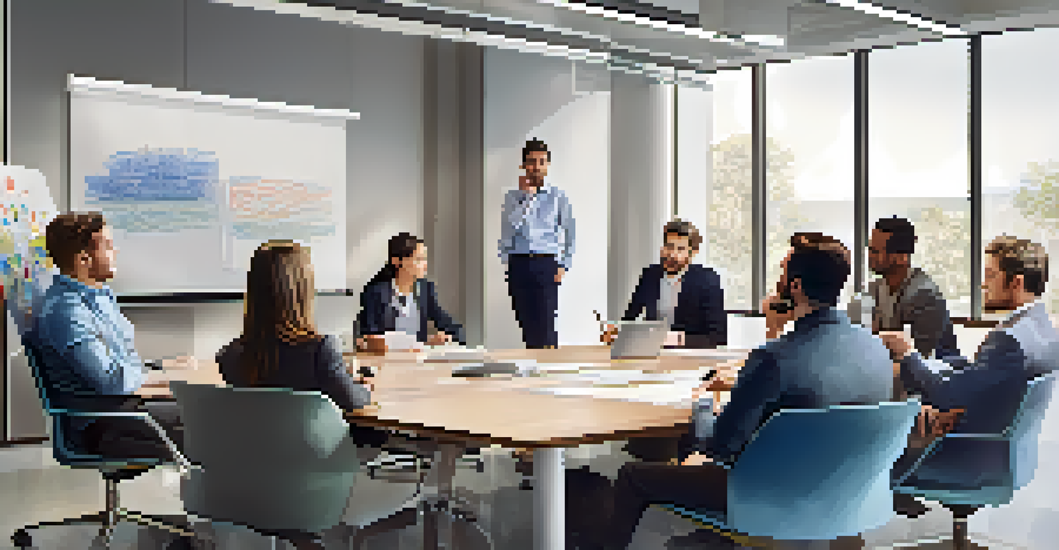 A diverse team engaged in a dynamic meeting around a conference table, with a whiteboard filled with ideas in a modern office environment.