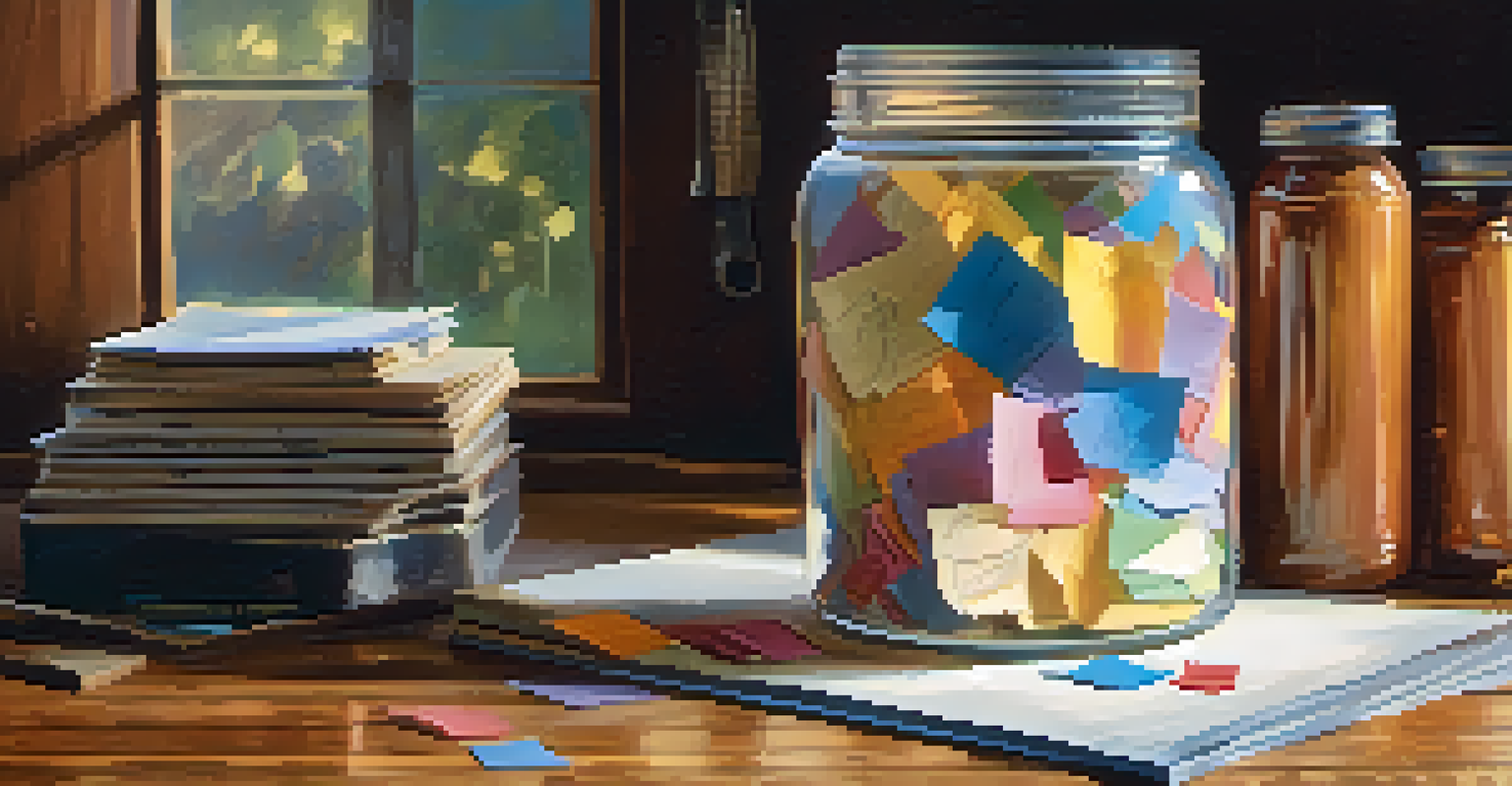 A gratitude jar filled with colorful notes on a rustic kitchen table, illuminated by soft lighting.