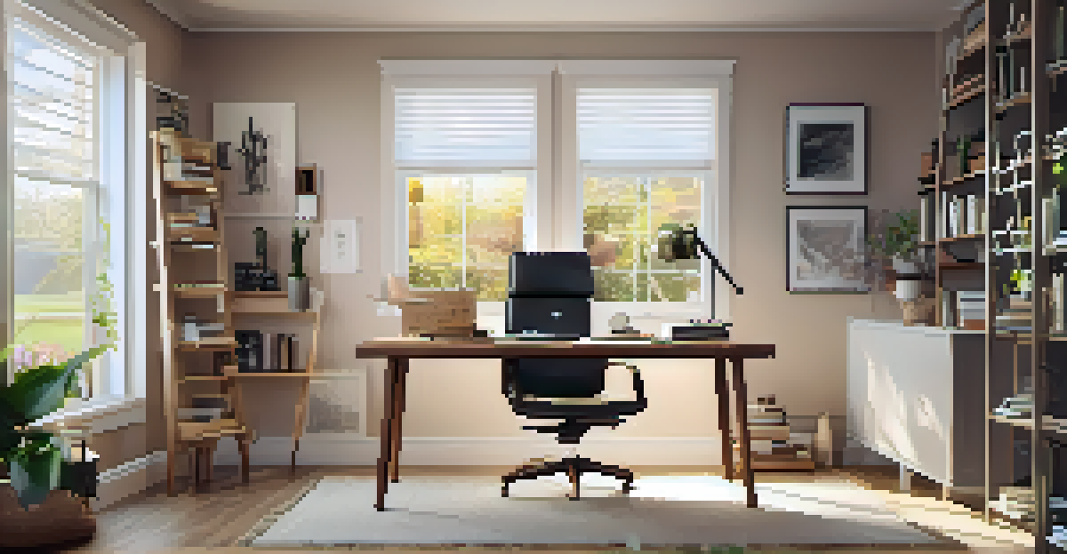 A serene home office with a comfortable chair, bookshelf, and vision board, illuminated by soft warm light for a peaceful atmosphere.