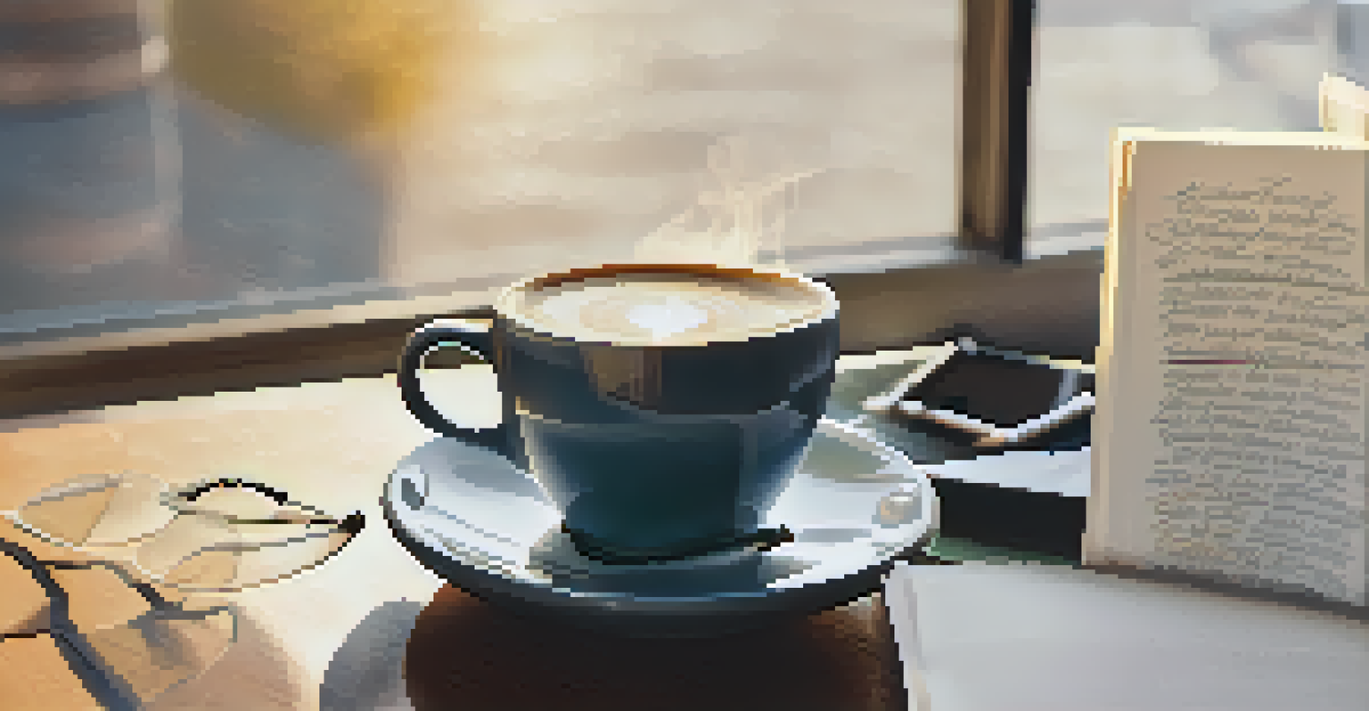 A journal with handwritten goals, a cup of coffee, and glasses, illuminated by natural light.