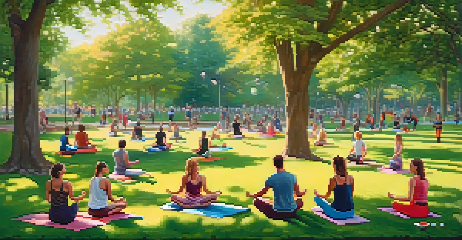 Adults enjoying playful activities in a serene park, including frisbee, painting, and yoga amidst lush greenery and colorful flowers.