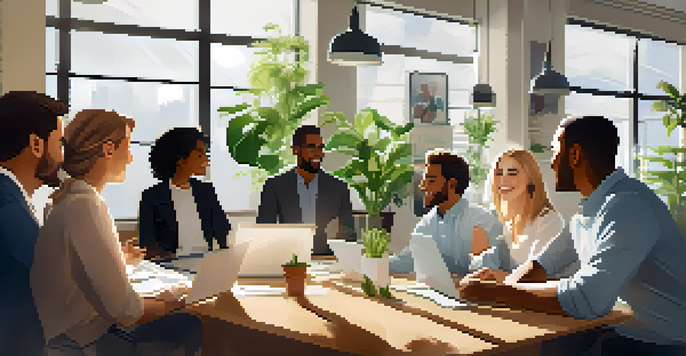 A diverse group of colleagues in an office discussing collaboratively with natural light and plants around them.